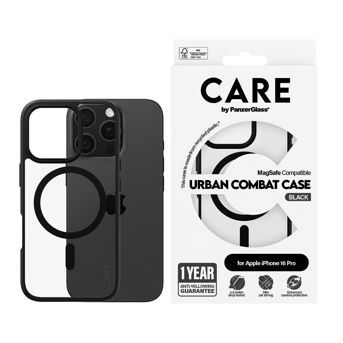 CARE by PanzerGlass® Flagship Case Transparent Urban Combat w. Black Frame & MagSafe iPhone 16 Pro
